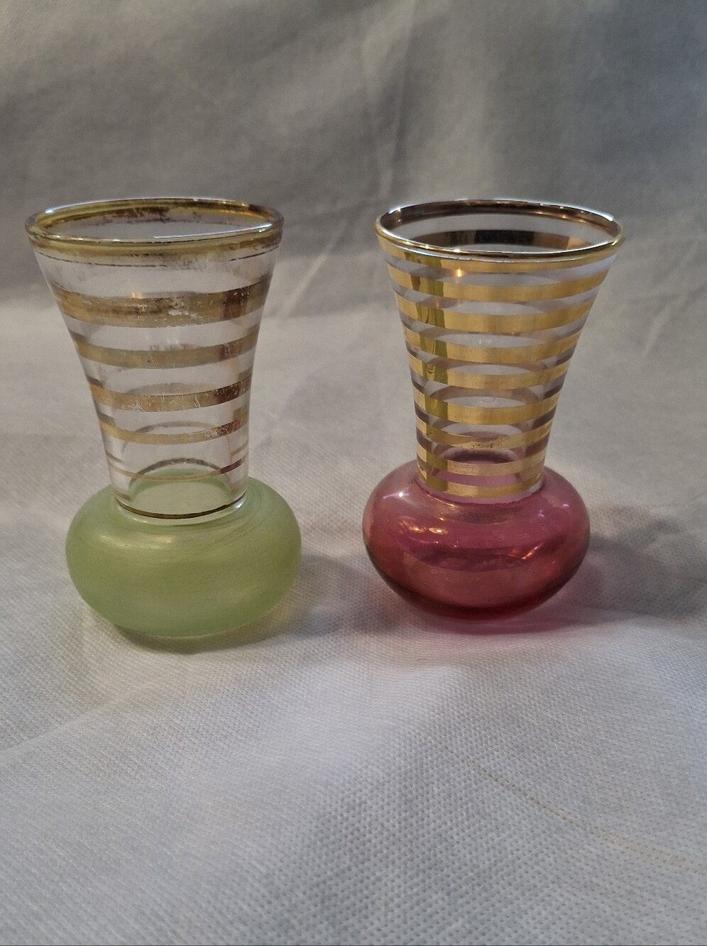 Set Of 2 Vintage Bartlett Collins Glass Bud Vases, MCM, Gold Trim